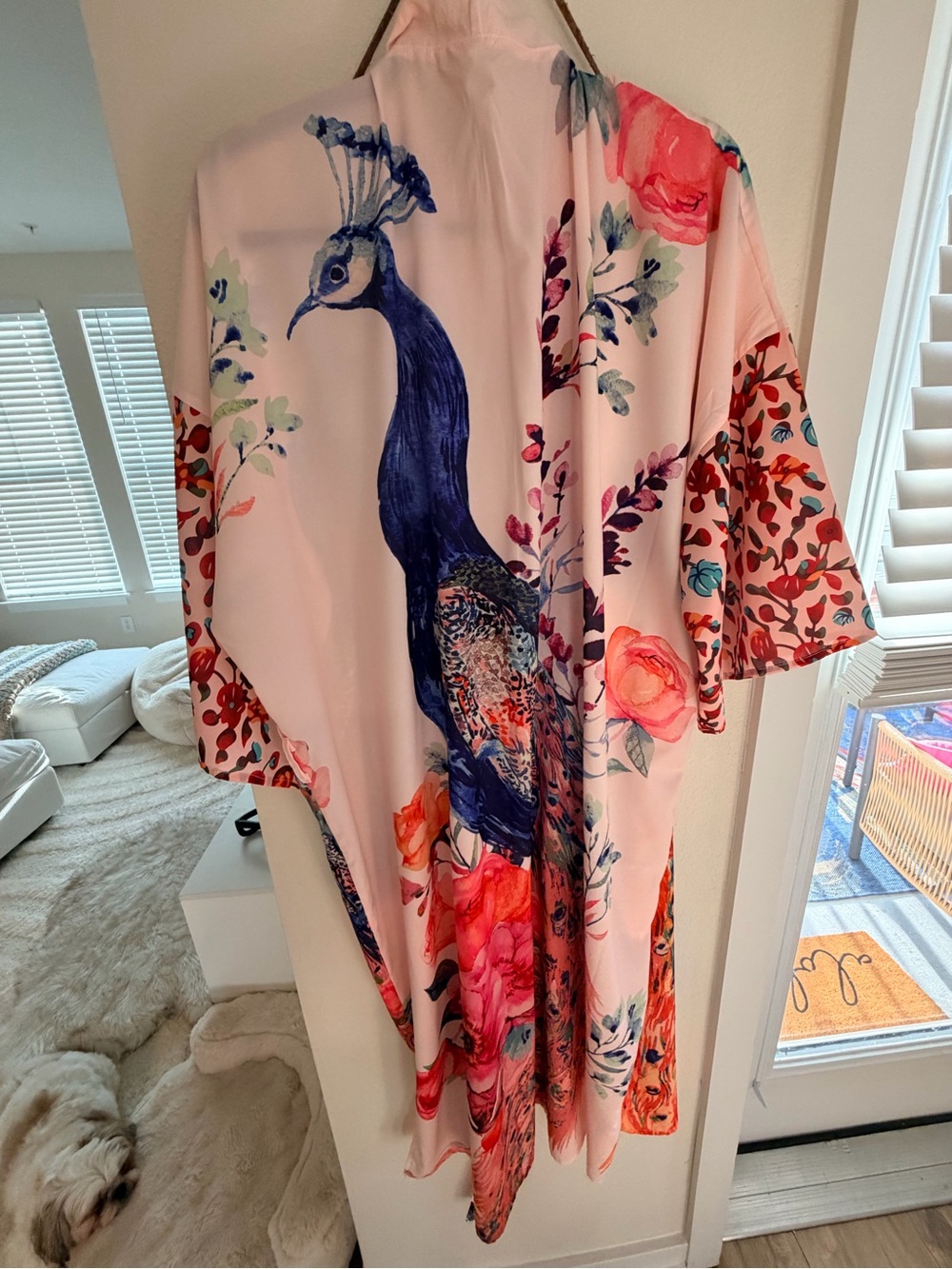 Floral Peacock Satin Kimono Robe in Pink & Navy - Picture 2 of 2